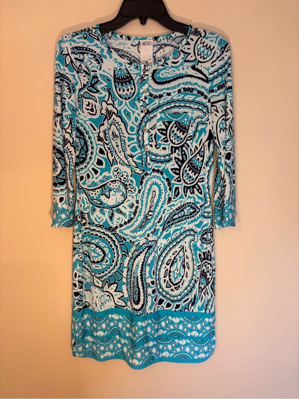 Ali Ro Aqua & White Paisley Long Sleeve Shift Dress
